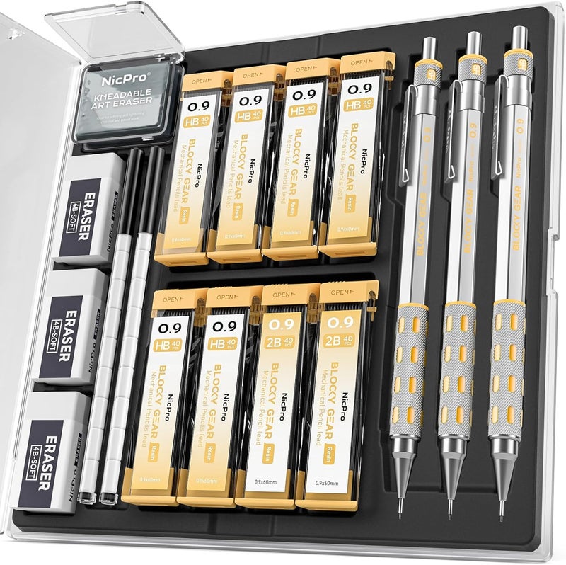 Nicpro Blocky Gear 0.9 mm Mechanical Pencils Set in Case, 3 Pack Metal Pencil 8 Tube with Lead Refills 0.9mm (HB 2B), 3 Erasers for Professional & Adult Art Writing Drafting Drawing - Image 1